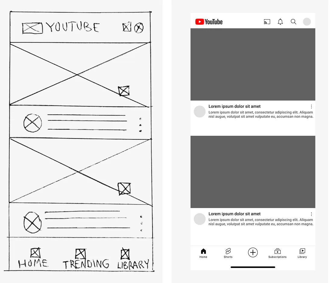 Wireframe ورقي لشاشة تطبيق فيديو بجانب الشاشة الحقيقية